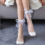 Womens Mesh Sheer Socks Breathable Decorative Bow Dots Design Casual Mid Calf Socks for Summer