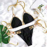 Bikini 2026 Sexy Backless Golden Rhinestone Metal Strap Hollow Swimwear Swimsuit Women Halter Bikinis Set Bathing Suit Banadores