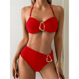 S - XL Metal Ring Halter Female Swimsuit High Waist Bikini Women Swimwear Two-Pieces Bikini Set Bather Bathing Suit Swim V6933