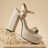 Silver Women Sandals Square Toe 12.5cm High Heel 4.5cm Platform Buckle Strap Large Size 43 44 45 46 Sexy Dating Shoes