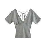 Spring Korean Slim Fit Deep V Neck Tie-Up Clean Face Crop Top Short Sleeve Pullover T-Shirt Base Shirt Solid Color Fashion RM7O