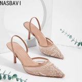 Brand Lace Designer White Women Wedding Pumps Mesh Embroidered Flowers Back Strap Sexy Slingback High Heels Dress Shoes Ladies
