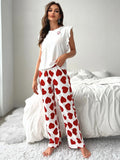 Spring Summer Heart Print Sleepwear Women Comfortable Pajamas Set Short Sleeve T-shirt with Pants Casual Homewear Loungewear