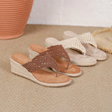 Hollow Crochet Thong Espadrille Wedge Slide Sandals Women Breathable Slip On Flip Flops Platform High Heel Summer Beach Mules