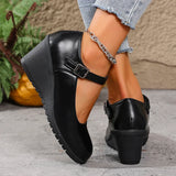2026 New Ankle Buckle Wedges Heel Pumps Women Black Pu Leather High Heels Mary Jane Shoes Woman Plus Size 42 Office Pumps Ladies