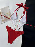 Sexy Pearls 3D Flower Swimwear Women 2026 Red Hollow Out Bandage Backless Thong Bikini Bathing Suit One Piece Swimsuit Monokini
