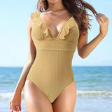 2026 Ruffle Swimsuit One Piece Solid V-neck Backless Swimwear Women Bathing Swimming Swim Suit Female Padded Beach Wear Summer