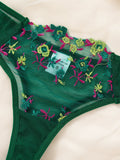 Green Embroidered Floral Lingerie Set - Sexy Bra And G-string Combo with Heart Decoration Underwear Set for WomenZA824026