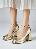 Big Size 32-46 Elegant Gold Metallic Platform High Heels Women Shoes Square Toe Ankle Strap Chunky Heel Party Wedding Pumps