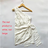 Foridol One Shoulder White Cotton Ruched Short Summer Dress Bowknot Beach Sundress Women Sleeveless Solid Dress