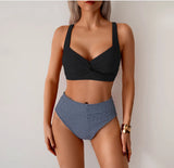 Sexy Black Two Piece Swimsuit Women Cross Pleate Push Up Padded Bikini Set Summer Bathing Suit Slim High Waist Swimwear Biquini