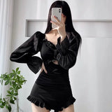 New long sleeved swimsuit for women slimming and conservative soaking in hot springs one-piece high-end sense swimsuit for women