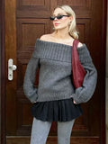 Foridol Slash Neck Dark Grey Mohair Women Sweater Pullover Femme Casual Loose Trendy Style Autumn Winter Knitted Pullover