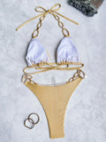 New Sexy Leopard Print Backless Swimsuit Halter Lace-up Swimwear Micro Bikini Set Chain Linked Beachwear Female Bathing Suits