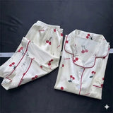 Cherry Print Pajamas Set for Women Summer Satin Two Piece Sleepwear Short Sleeve Shirt and Shorts Casual Fashion Homewear
