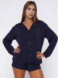 Women Fall 2 Piece Pajamas Set Solid Color Button up Long Sleeves Shirt and Elastic Shorts for Loungewear Soft Sleepwear