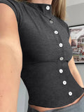 Women's Summer Casual Slim Fit Basic Tops Short Sleeve Round Neck Solid Color Button Up T-shirts
