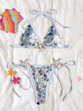 2026 New Summer Women's Crochet Swimsuit Sequins Sexy Backless Lace-up Swimwear Low Waist Micro Bikini Set Beach Bathing Suits
