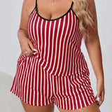 Plus Size Striped Women Pajama Set Sleeveless O Neck Top & Elastic Waist Shorts Heart Print 2 Pieces Female Sleepwear Nightwear