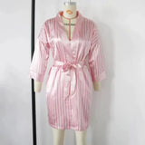 Women Satin Kimono Bathrobe Gown Summer V-Neck Nightgown Stripe Robe With Belt Bridal Wedding Sleepwear Loose Intimate Lingerie