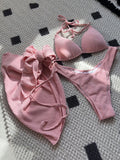 With Beach Sarong Bra Cup Wrinkled Bikini Female Swimsuit Women Swimwear Three-pieces Bikini Set Push Up Bathing Suit Swim Lady