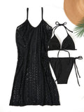 3 Pieces 2026 Triangle Halter String Bikini Solid Swimwear Female Sexy Swimsuit Women Bathers Bathing Swimming Swim Suit