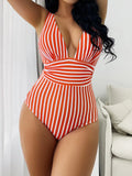 2026 Striped One Piece Swimsuit Sexy Swimwear Women V-neck Bathing Swimming Suit Female Summer Beachwear Bodysuit