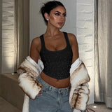 Woman Beading Rhinestones Tank Tops White Black Summer Sleeveless Corset T-shirt 2026 Casual Square Collar Crop Top Streetwear