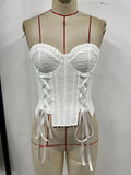 Summer Women White Strapless Waist Cinched Top Women White Drawstring Side Slim Fishbone Corset  Club Party Streetwear Camisole