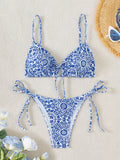 Sexy Floral Print Micro Bikinis Sets Two Pieces Blue Porcelain Swimwear Drawstring Swimsuit Women Biquini Thong Bathing Suits