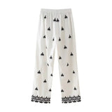 Foridol Geometric Pattern Embroidery Long Pants Women Wide Leg Beige Casual Summer Pants Elastic Waist Drawstring Pants 2025