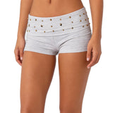 Women Solid Color Fold Over Waist Shorts Summer Stylish Rivet Studded Low Rise Slim Fit Mini Shorts for Beach Daily Wear