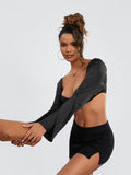 Women Long Sleeve Crop Tops Mesh Lace Trim Sweetheart Neckline Tie-Up Backless T-Shirts Spring Fall Slim Fit Shirts Streetwear