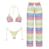 3Pcs Striped Bikini 2026 Bandeau Biquini Women Sexy Swimsuit Push Up Swimwear Female Mesh Pants Bathing Suit Cover Up Beachwear