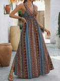 Bohemian Style Print Sleeveless Long Dresses Women Summer V-neck Backless Leace-up Slit Dress Casual Lady Vacation Vestidos