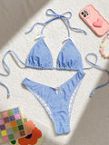 Blue Plaid Print Two Piece Swimsuit for Women Sexy Bow Suspender Backless Bikini Set High Waist Thong Beach Bathing Suit 2025