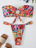 Ring Link Bandeau Bikini 2026 Floral Strappy Swimsuit Women Padded Swimwear Female Bathers Bathing Swimming Swim Suit Beachwear