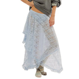 Women's Solid Color Midi Skirts Lace Elastic High Waist Skirts Spring Summer Sweet Irregular Hem Casual Skirts