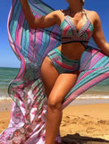 2026 Summer Women's 3 Pieces Swimsuit Crochet Bikini Set+Cover-Up Long Shawl Sun-proof Twist Swimwear Push Up High Waist Bikinis