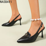 Women French Roman Sandals Pointed Toe 8cm Stiletto Thick Heels Back Buckle Strap Office OL Single Dress Shoes Large Size 34 45