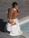 Elegant Halter Neck Backless White Tank Tops Women 2026 Summer Sexy Off Shoulder Buttons Crop Top High Street Lady Solid Vests
