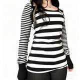 Women Striped Print Long Sleeve Tops Fitted Round Neck Fall T-shirts Casual Streetwear for Daily Office Party