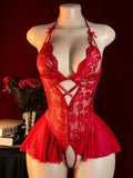 Women's Lingerie Sexy Lace Flower Print Semi Transparent Deep V-neck Hanging Neck Unobstructed Adult Style One-piece Dress