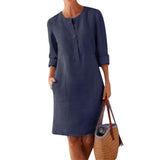 Summer Boho Vintage Dress Women Casual Long Sleeve Buttons Pockets Cotton Linen Loose Knee-length Dress