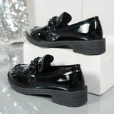 Chain Decor Patent Leather Women's Loafers Comfortable Slip On Med Heel Student Shoes Woman Plus Size Point Toe Oxford Shoes 42