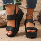 Black Pu Leather Chunky Sandals Women Plus Size 43 Summer Wedge Heels Sandals Woman Casual Slip On Platfrom Sandles Female