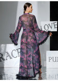 2026 New Women Elegant Butterfly Print Mesh Robe Big Flare Sleeve Lace Up Tassel Fringe High Slit Bathrobe Loungewear
