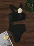 sexy 3D flower skew collar swimsuit one piece bikini hollow waist thong swimwear bodysuits women biquini bathing suits tankini