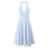French Style Blue Jacquard Dress With French Vibe V-neck Backless Holiday Halter-neck Dress Niche Long Dress Pure Desire U633