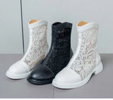 Women White Gladiator Ankle Boots Round Toe Square Heel  Breathable Mesh Large Size 34-45 Sweet Princess Cool Sandals Boots New
